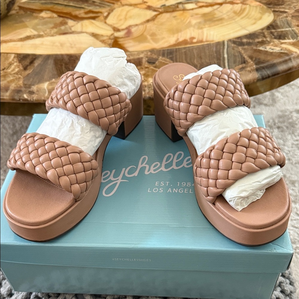 Seychelles Woven Double-Strap Platform Sandals in Blush Tan